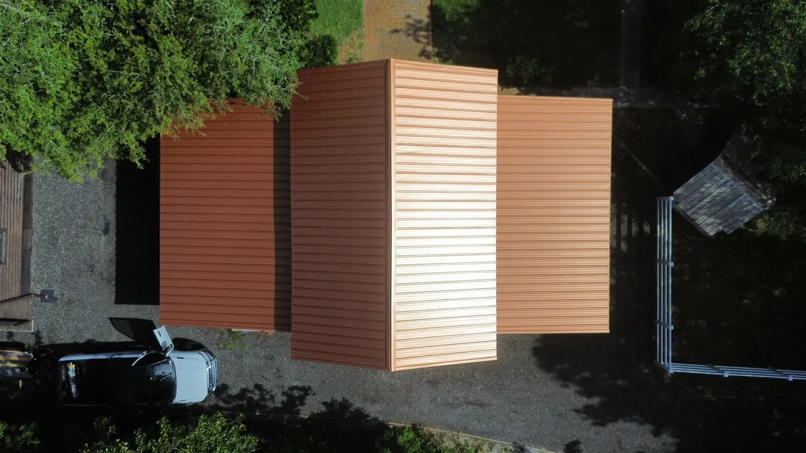 Overhead drone view of the barn's copper Kynar PBR panels