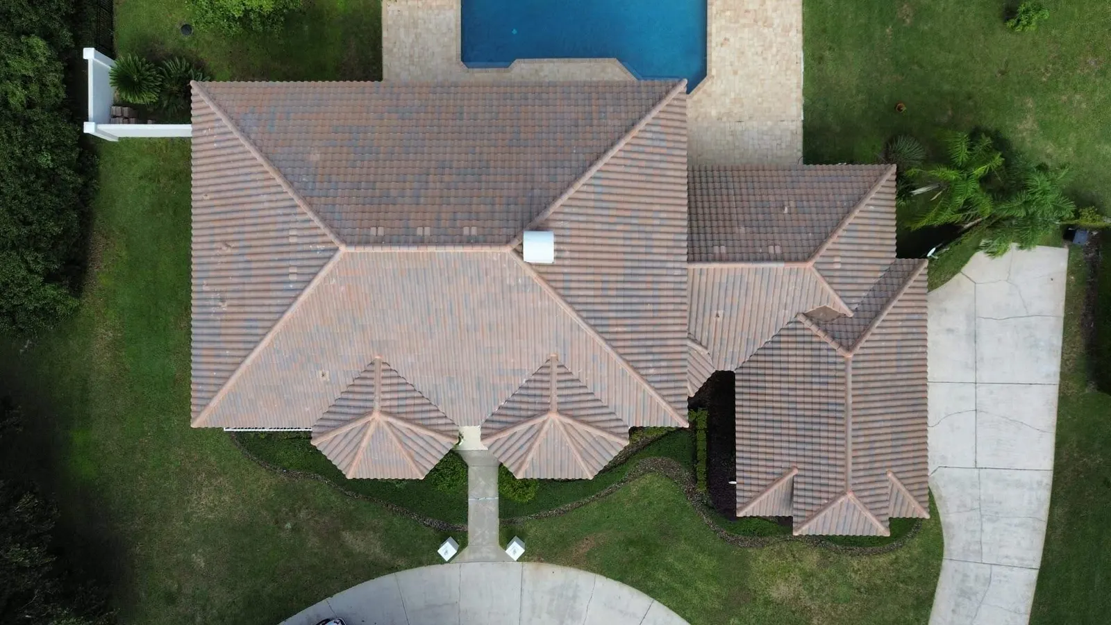 Overhead view of the Longwood home's tile roof