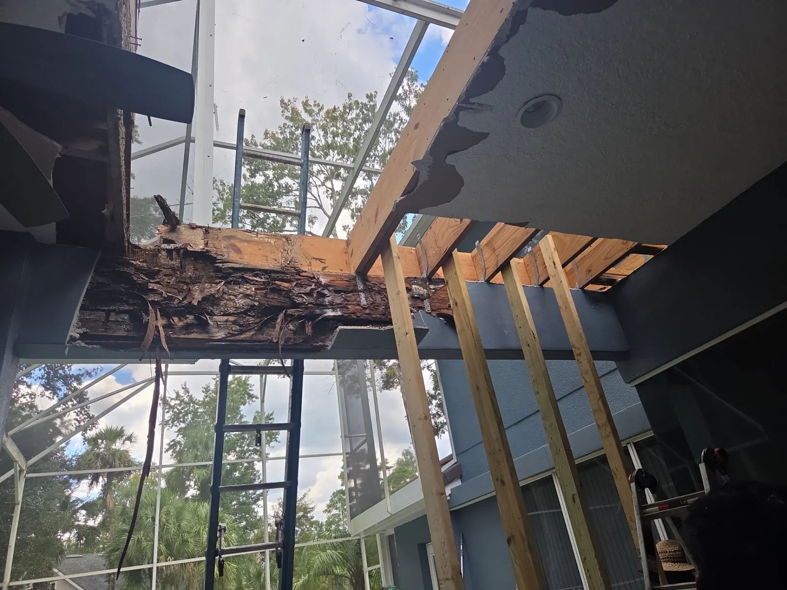 Rotted framing exposed above the lanai during tear-out