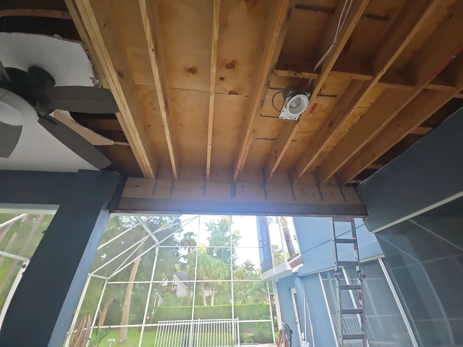 New joists and beam over the lanai, ready for drywall