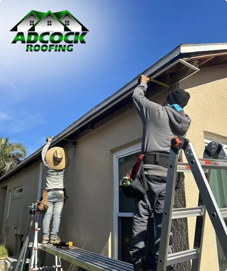 Adcock Roofing team working on a home's roofline from ladders