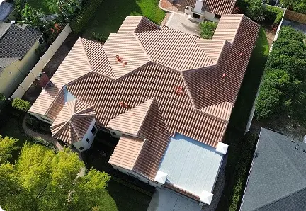 Aerial view of a tile roof on a hip-roof Florida home